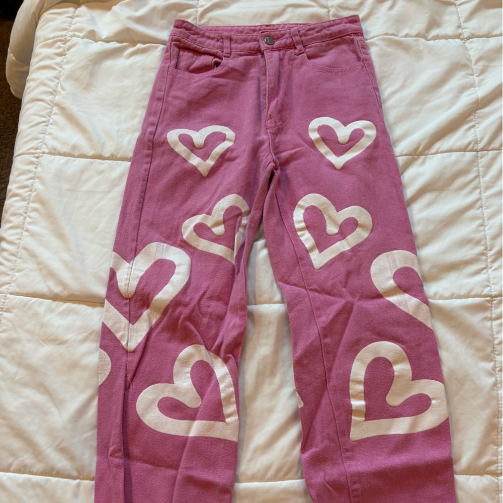 WOMENS XS BOOTCUT Pink Heart Patterned DENIM